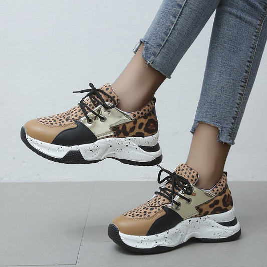Leopard Print Sneakers Women Lace Up Walking Running Sports Shoes